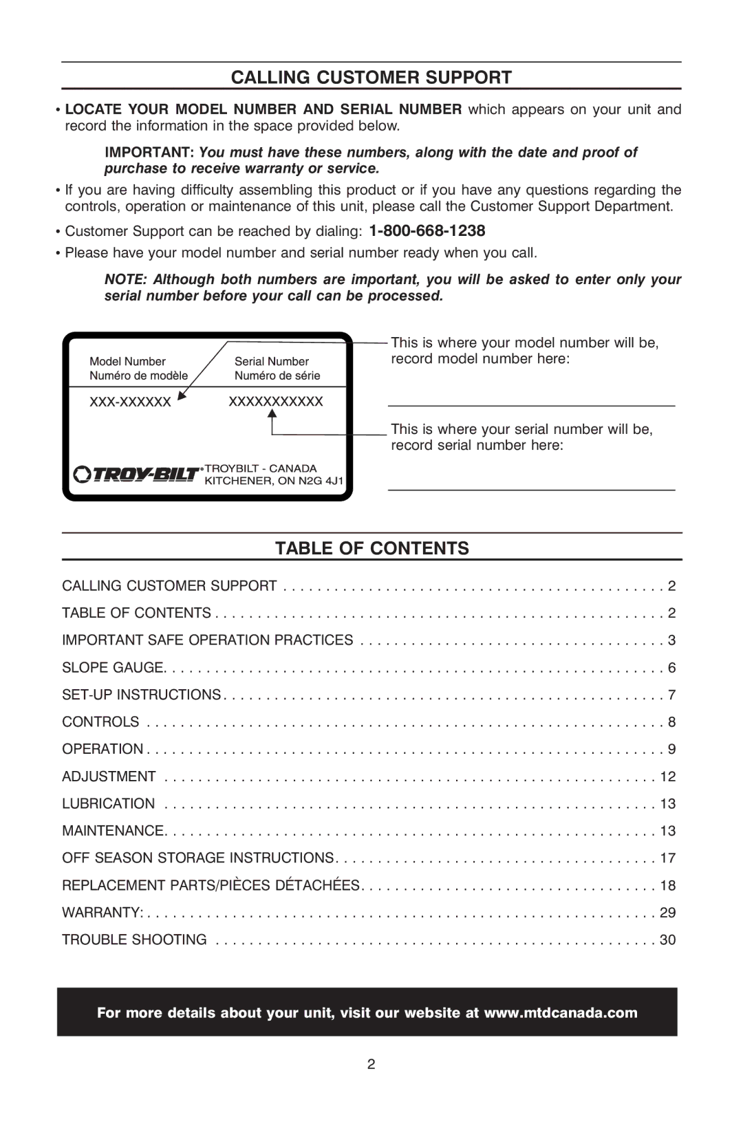 Troy-Bilt OG-4905 owner manual Calling Customer Support, Table of Contents 