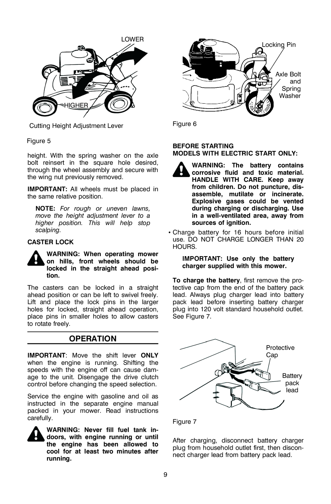 Troy-Bilt OG-4905 owner manual Operation, Caster Lock, Before Starting Models with Electric Start only 