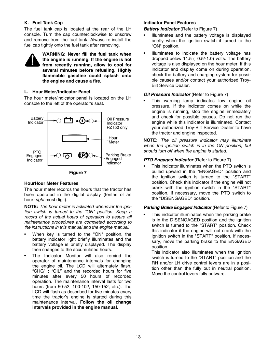 Troy-Bilt RZT 50 manual Fuel Tank Cap, Hour Meter/Indicator Panel, HourHour Meter Features, Indicator Panel Features 