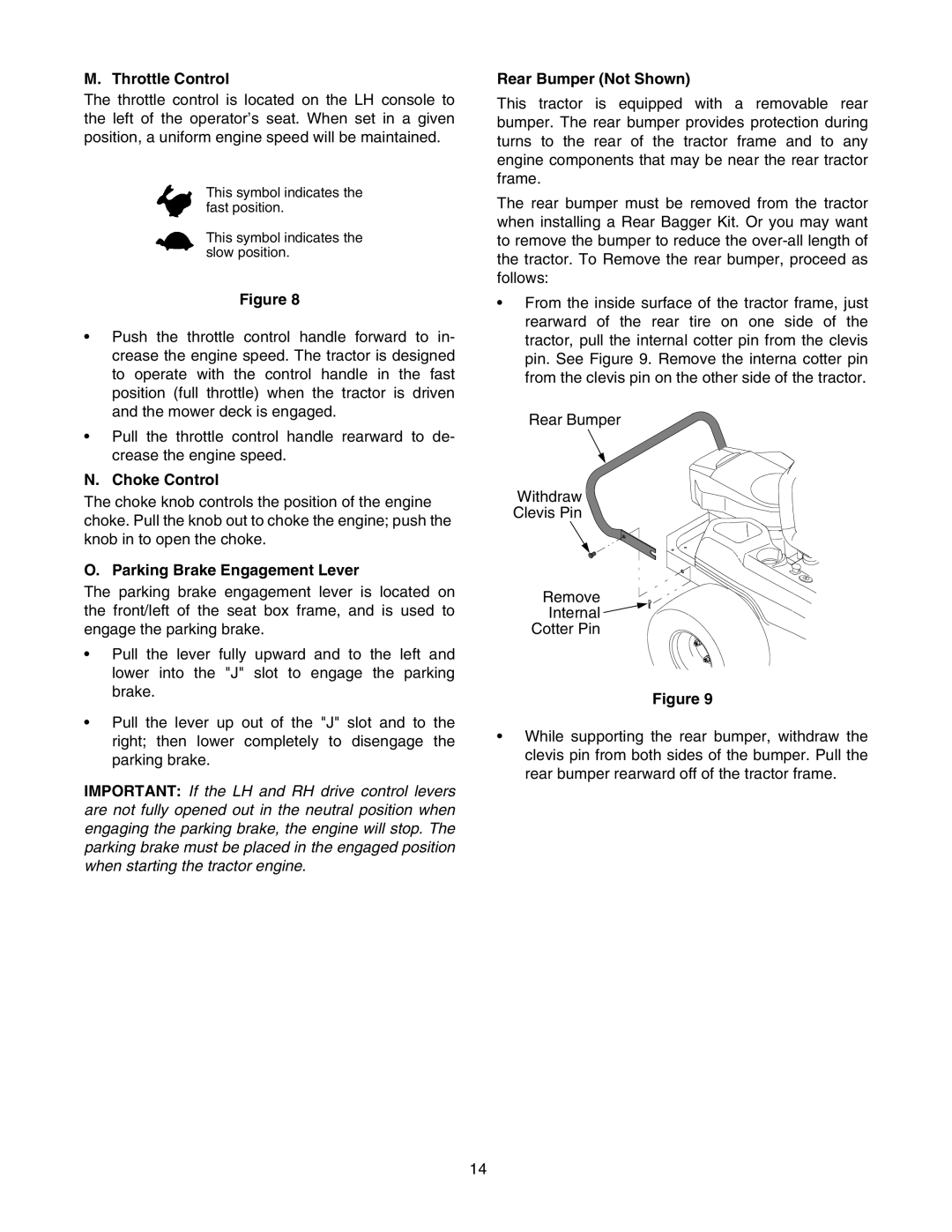 Troy-Bilt RZT 50 manual Throttle Control, Choke Control, Parking Brake Engagement Lever, Rear Bumper Not Shown 