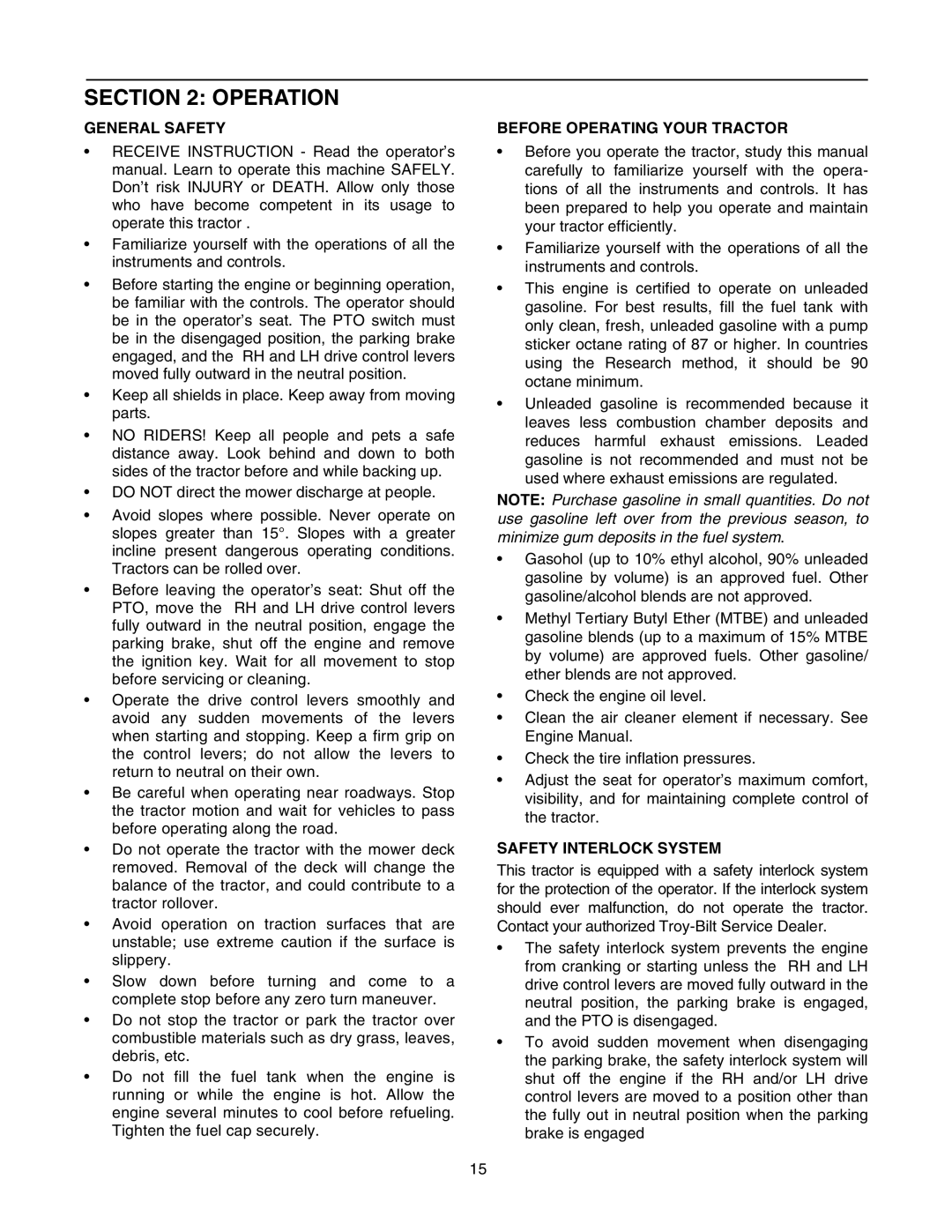 Troy-Bilt RZT 50 manual Operation, General Safety, Before Operating Your Tractor, Safety Interlock System 