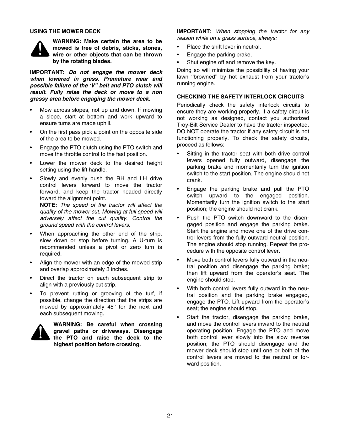 Troy-Bilt RZT 50 manual Using the Mower Deck, Checking the Safety Interlock Circuits 