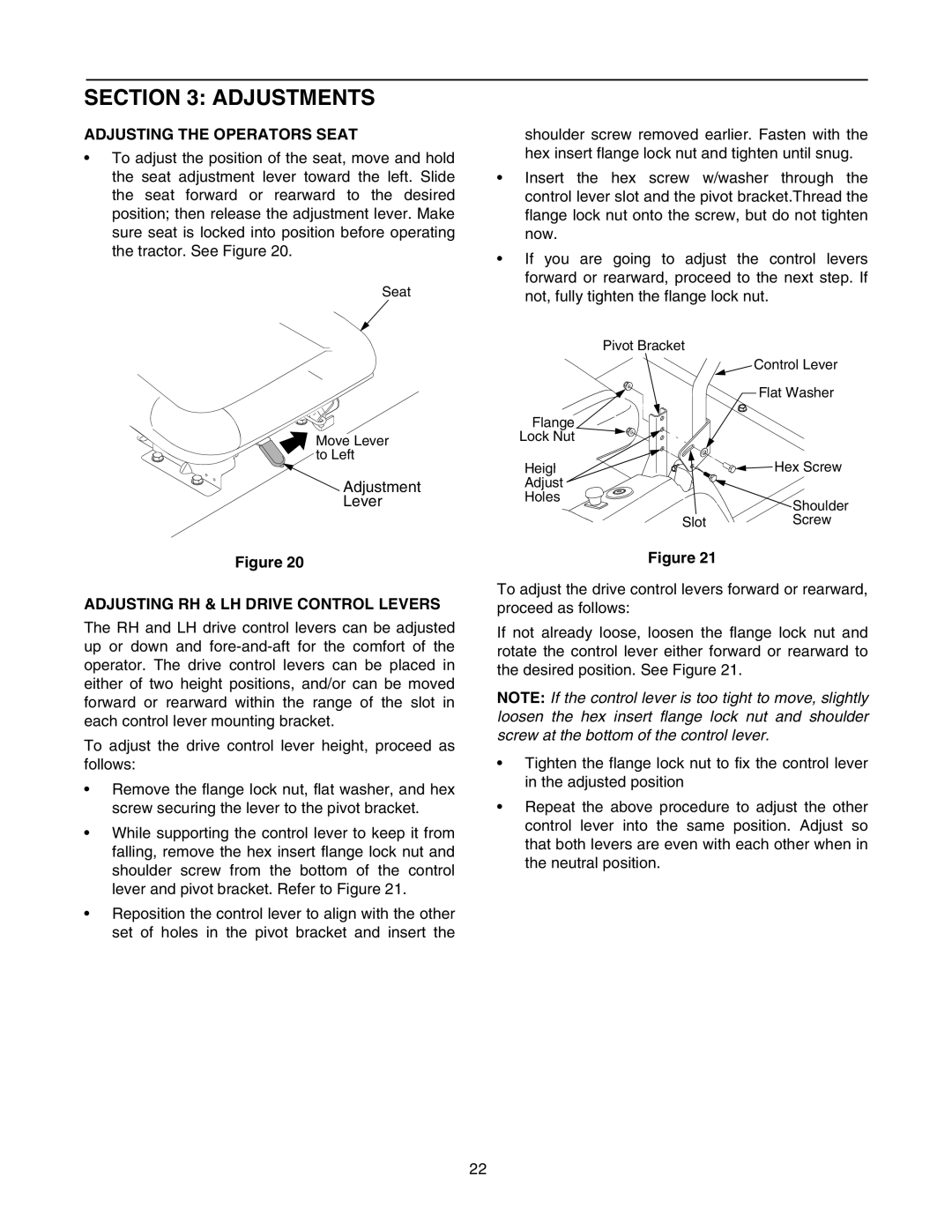 Troy-Bilt RZT 50 manual Adjustments, Adjusting the Operators Seat, Adjusting RH & LH Drive Control Levers 