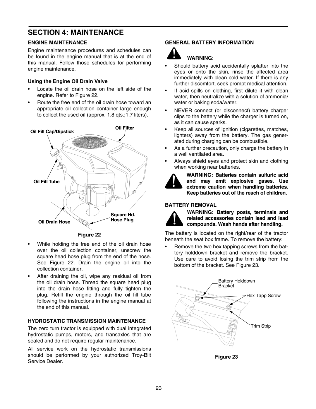 Troy-Bilt RZT 50 manual Engine Maintenance, Hydrostatic Transmission Maintenance, General Battery Information 