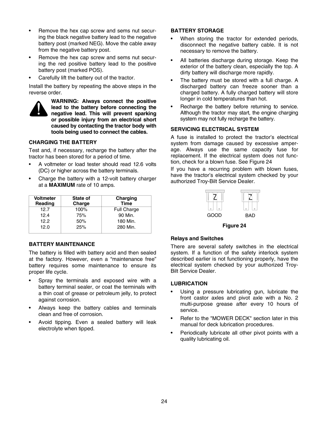 Troy-Bilt RZT 50 Charging the Battery, Battery Maintenance, Battery Storage, Servicing Electrical System, Lubrication 