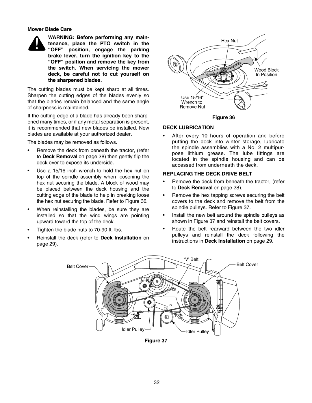 Troy-Bilt RZT 50 manual Mower Blade Care, Deck Lubrication, Replacing the Deck Drive Belt 