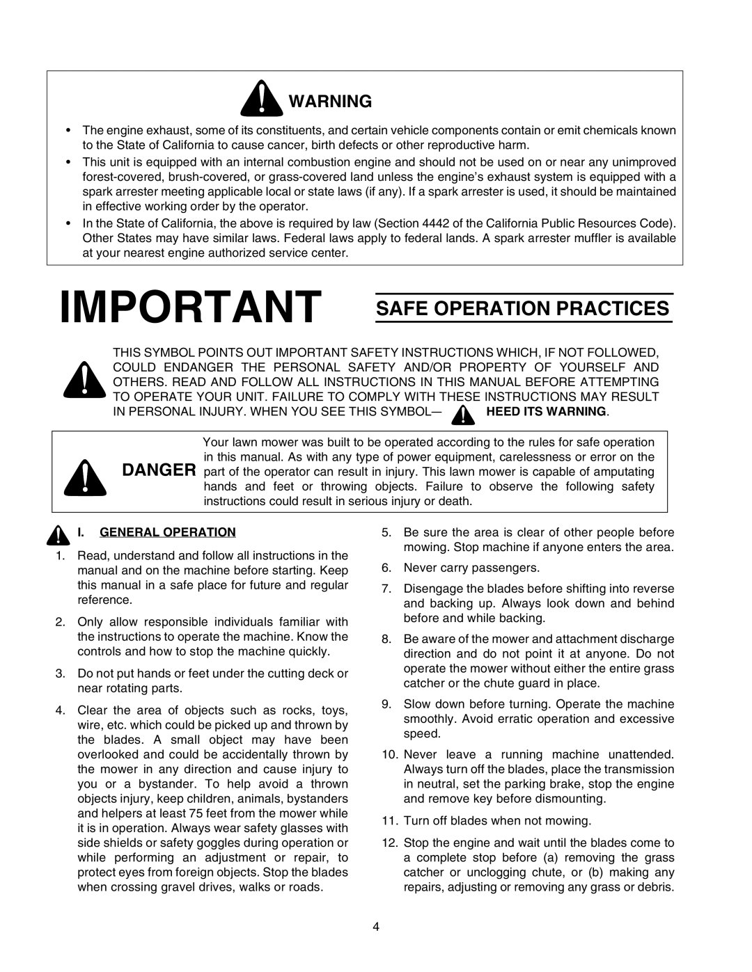 Troy-Bilt RZT 50 manual Safe Operation Practices, General Operation 