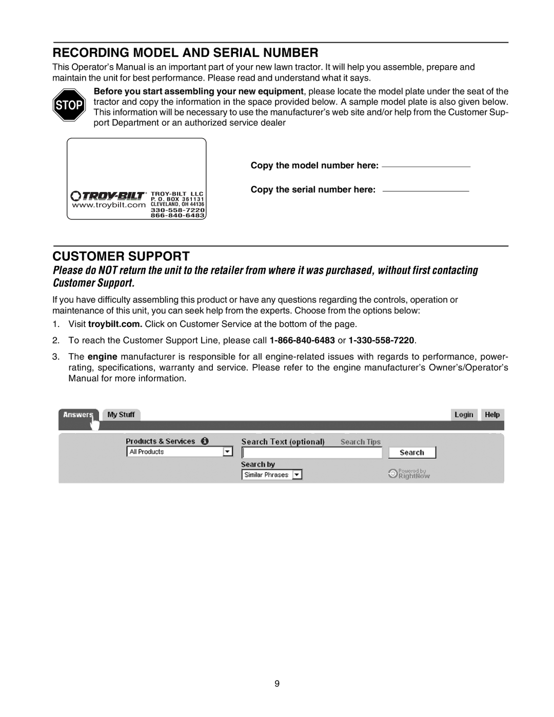 Troy-Bilt RZT 50 manual Recording Model and Serial Number, Customer Support 