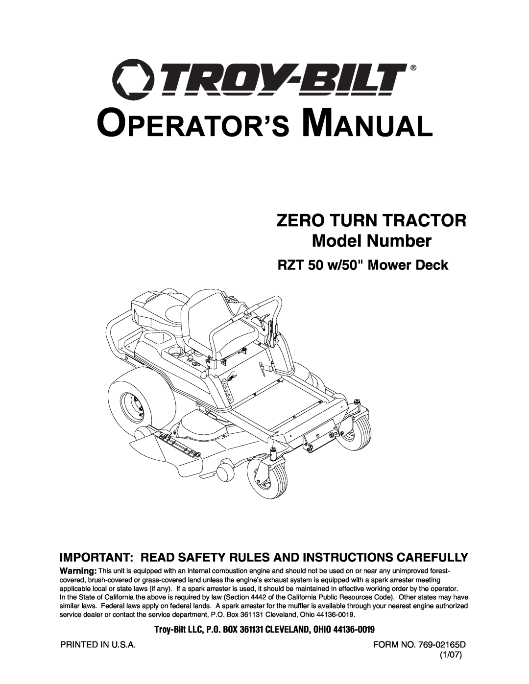 Troy-Bilt manual RZT 50 w/50 Mower Deck, Operator’S Manual, ZERO TURN TRACTOR Model Number 