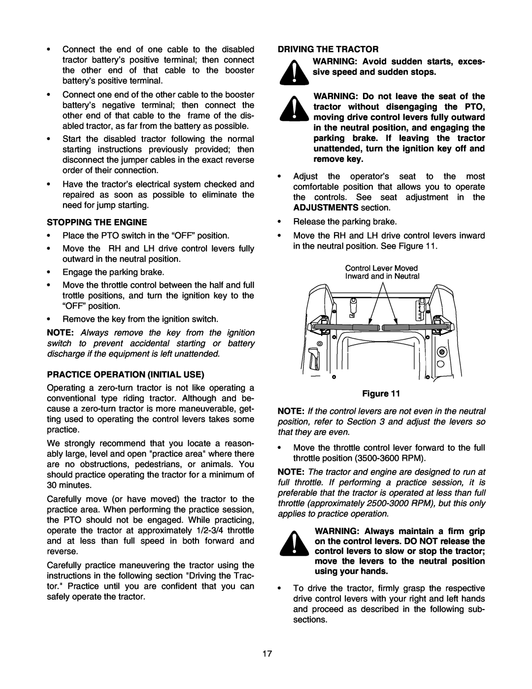 Troy-Bilt RZT 50 manual Stopping The Engine, Practice Operation Initial Use, Driving The Tractor 