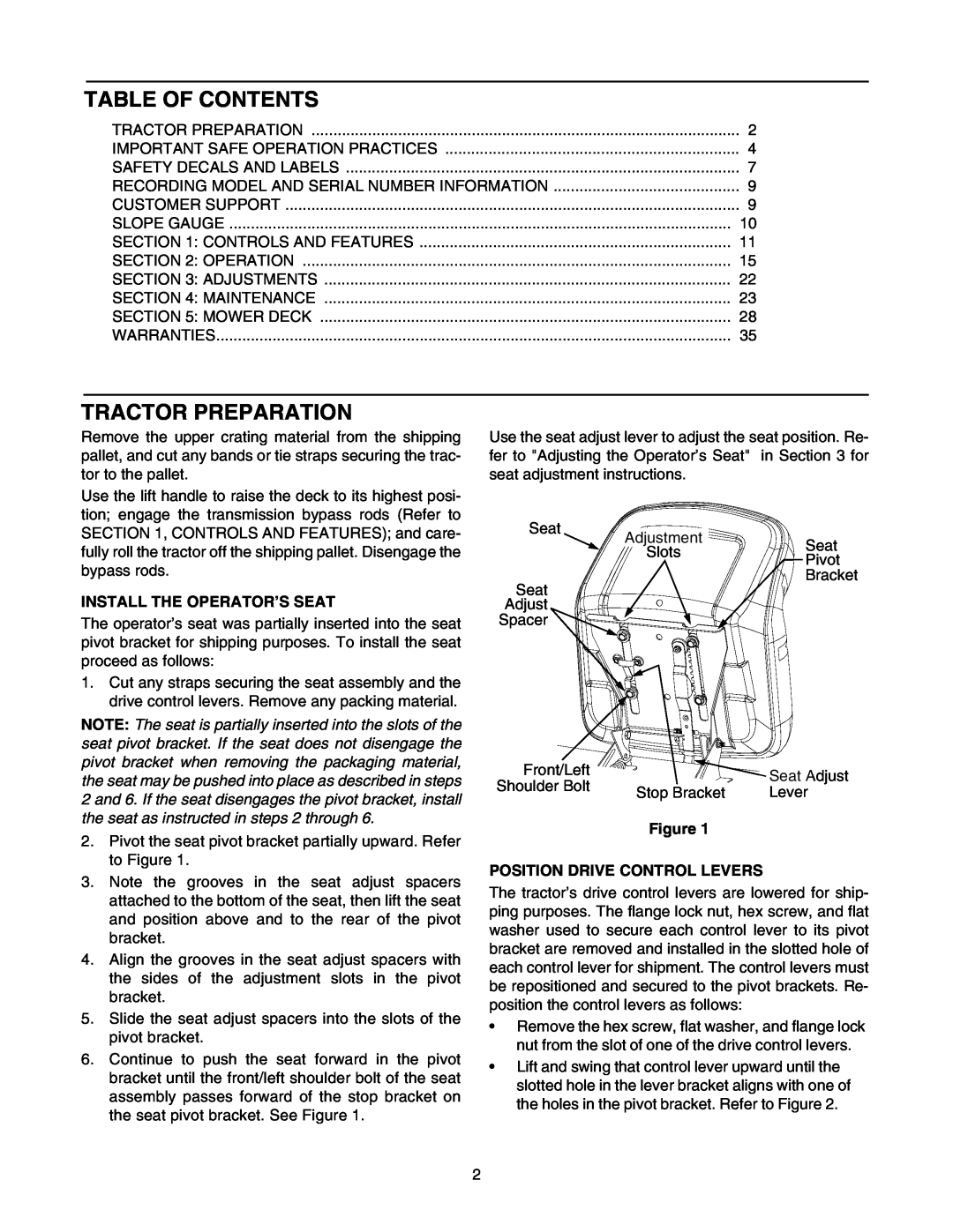 Troy-Bilt RZT 50 manual Table Of Contents, Tractor Preparation, Install The Operator’S Seat, Position Drive Control Levers 