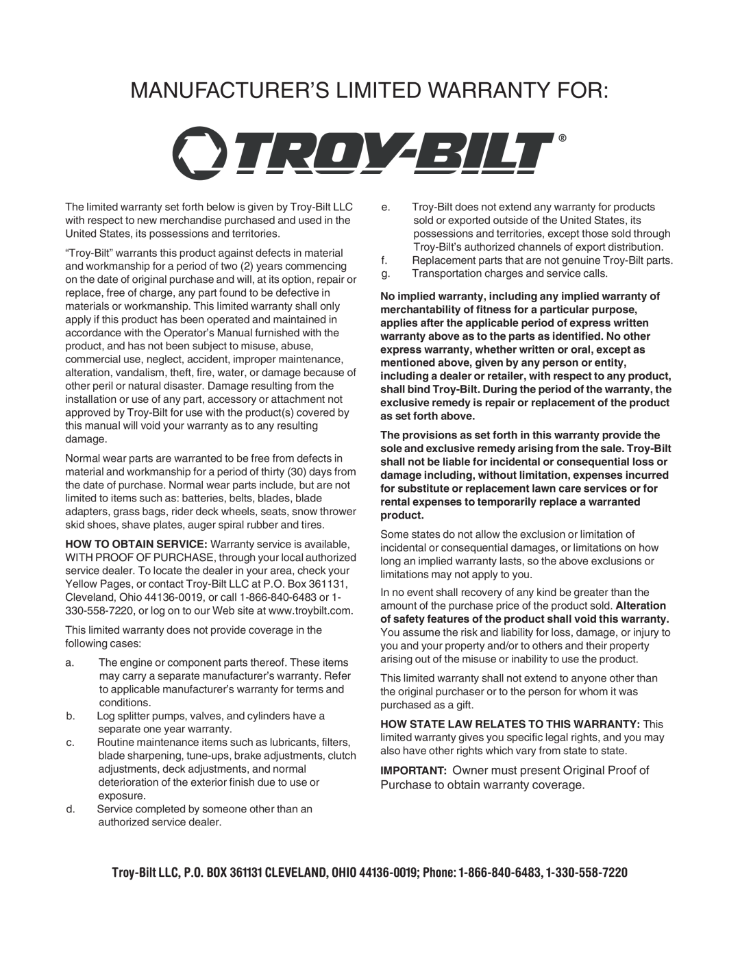 Troy-Bilt RZT 50 manual Manufacturer’S Limited Warranty For 