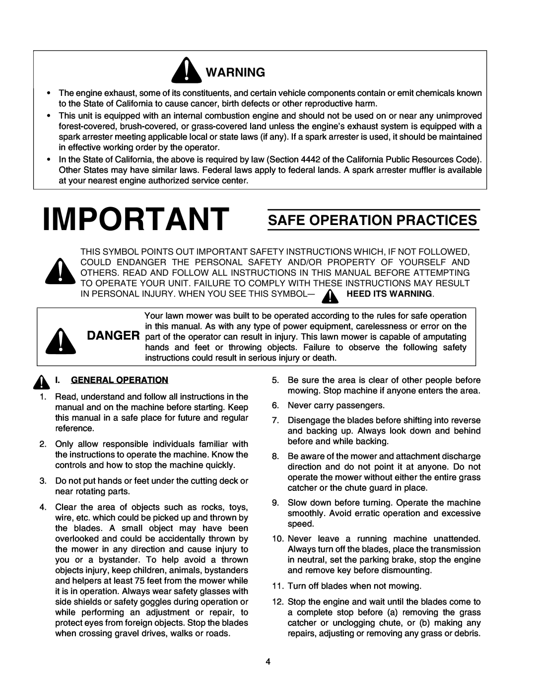 Troy-Bilt RZT 50 manual Safe Operation Practices, I. General Operation 