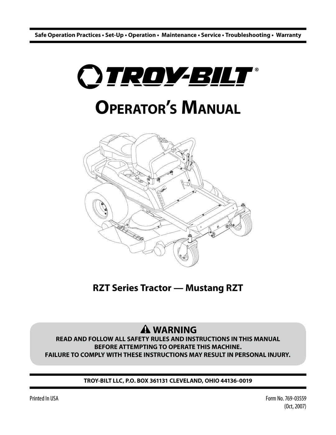 Troy-Bilt RZT manual Operator’s Manual 