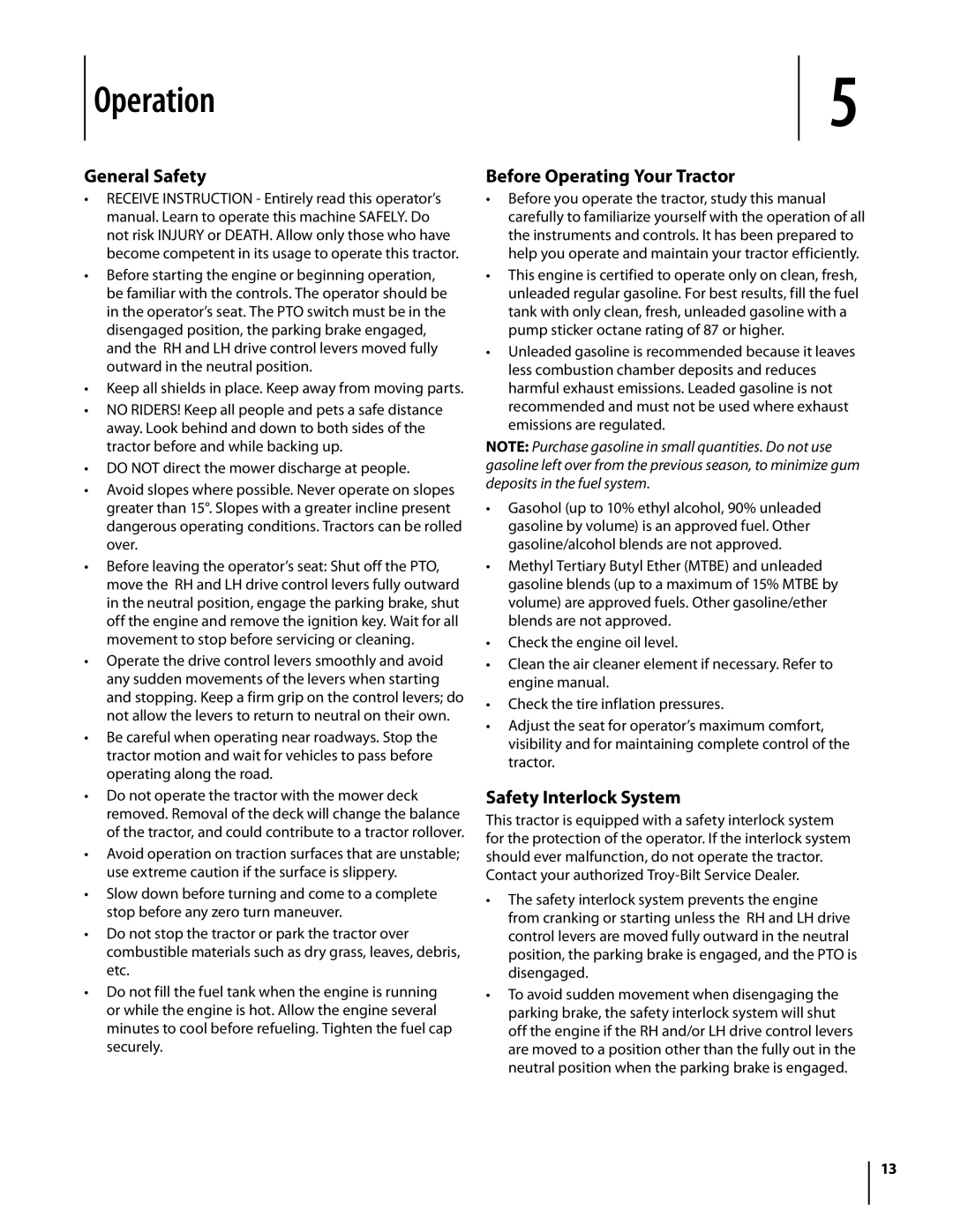 Troy-Bilt RZT manual Operation, General Safety, Before Operating Your Tractor, Safety Interlock System 