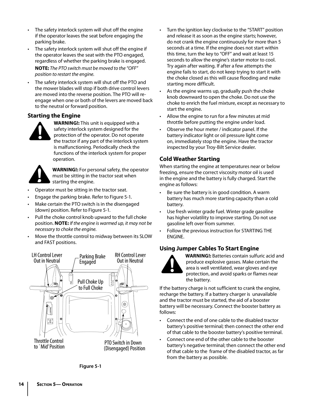 Troy-Bilt RZT manual Starting the Engine, Cold Weather Starting, Using Jumper Cables To Start Engine, Parking Brake 