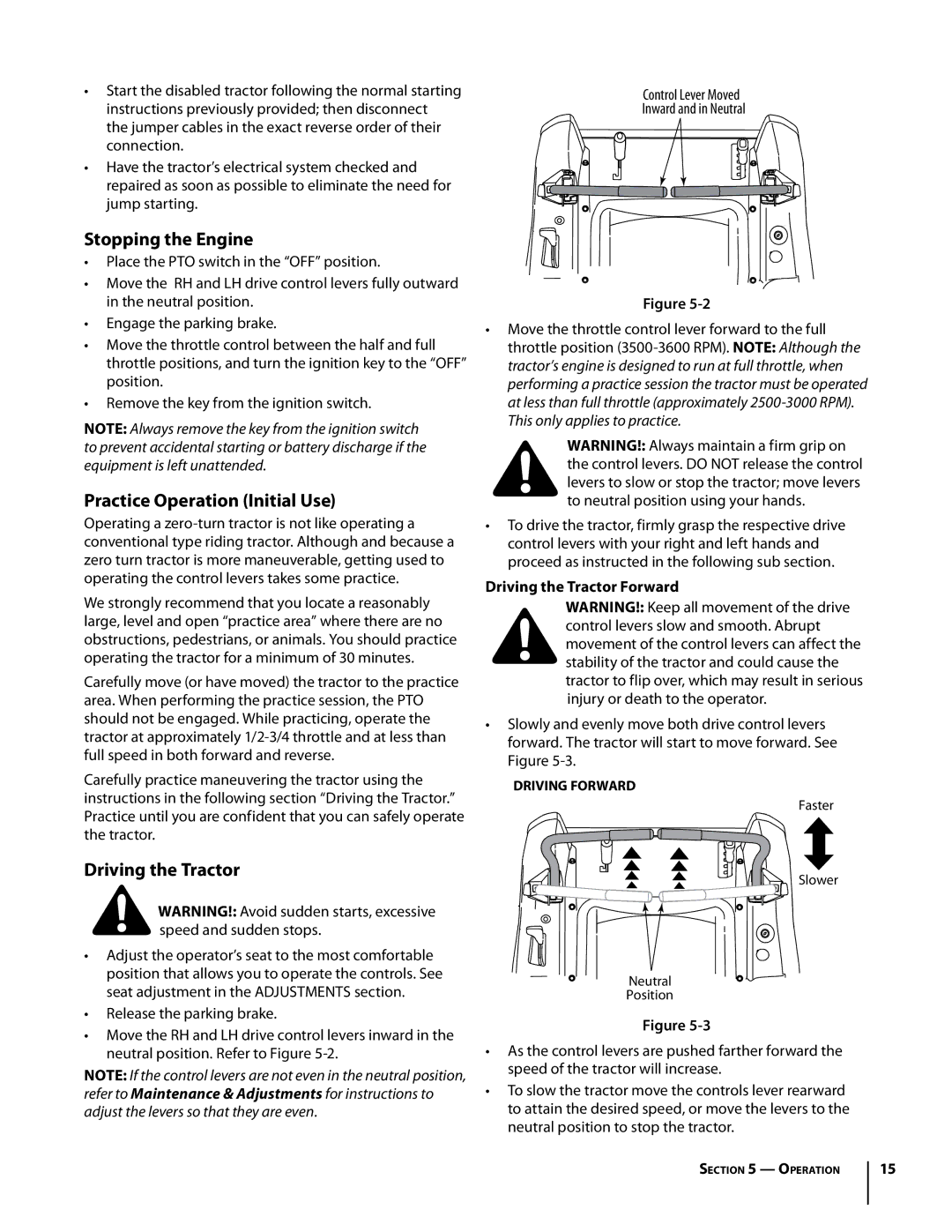 Troy-Bilt RZT manual Stopping the Engine, Practice Operation Initial Use, Driving the Tractor Forward 