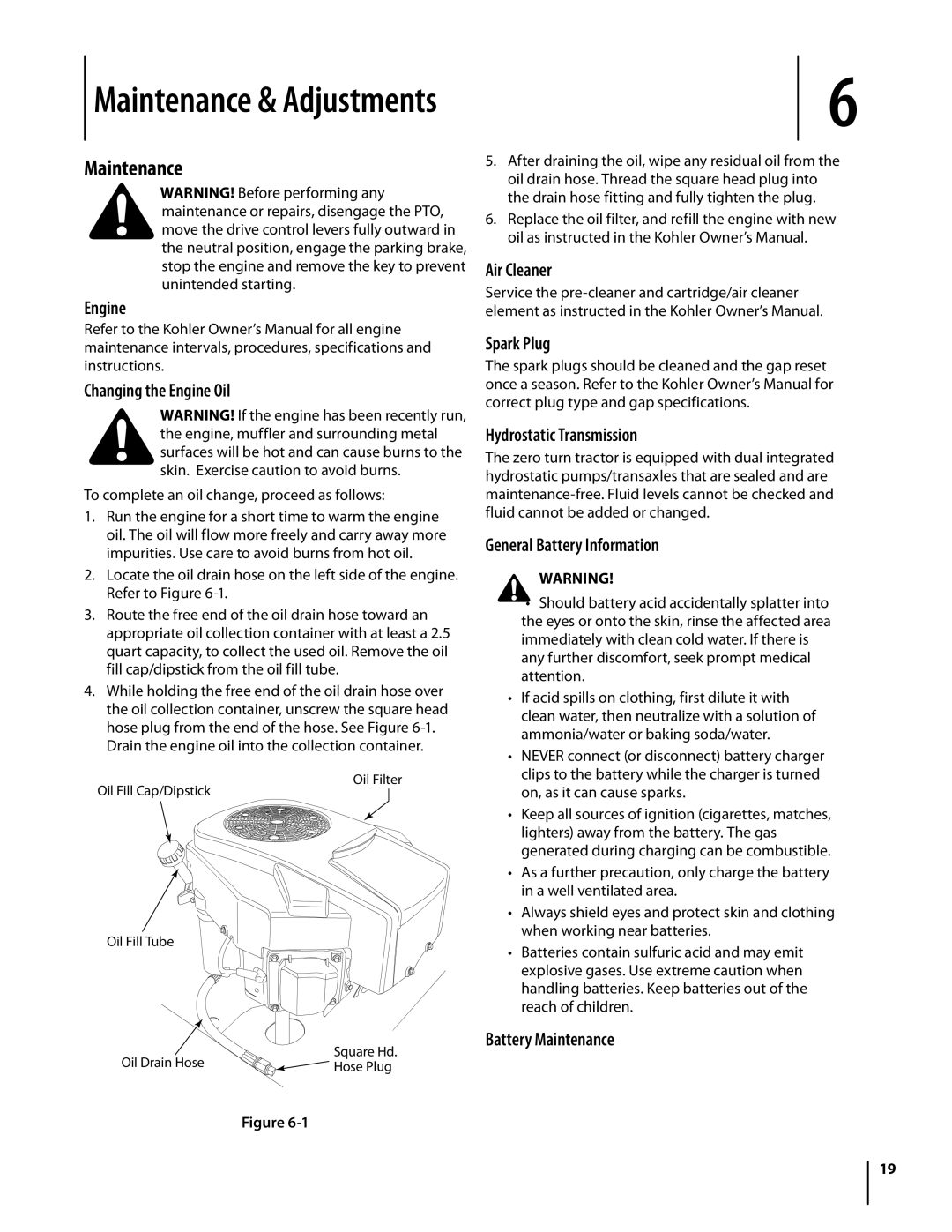 Troy-Bilt RZT manual Maintenance, Engine Changing the Engine Oil, Air Cleaner Spark Plug Hydrostatic Transmission 