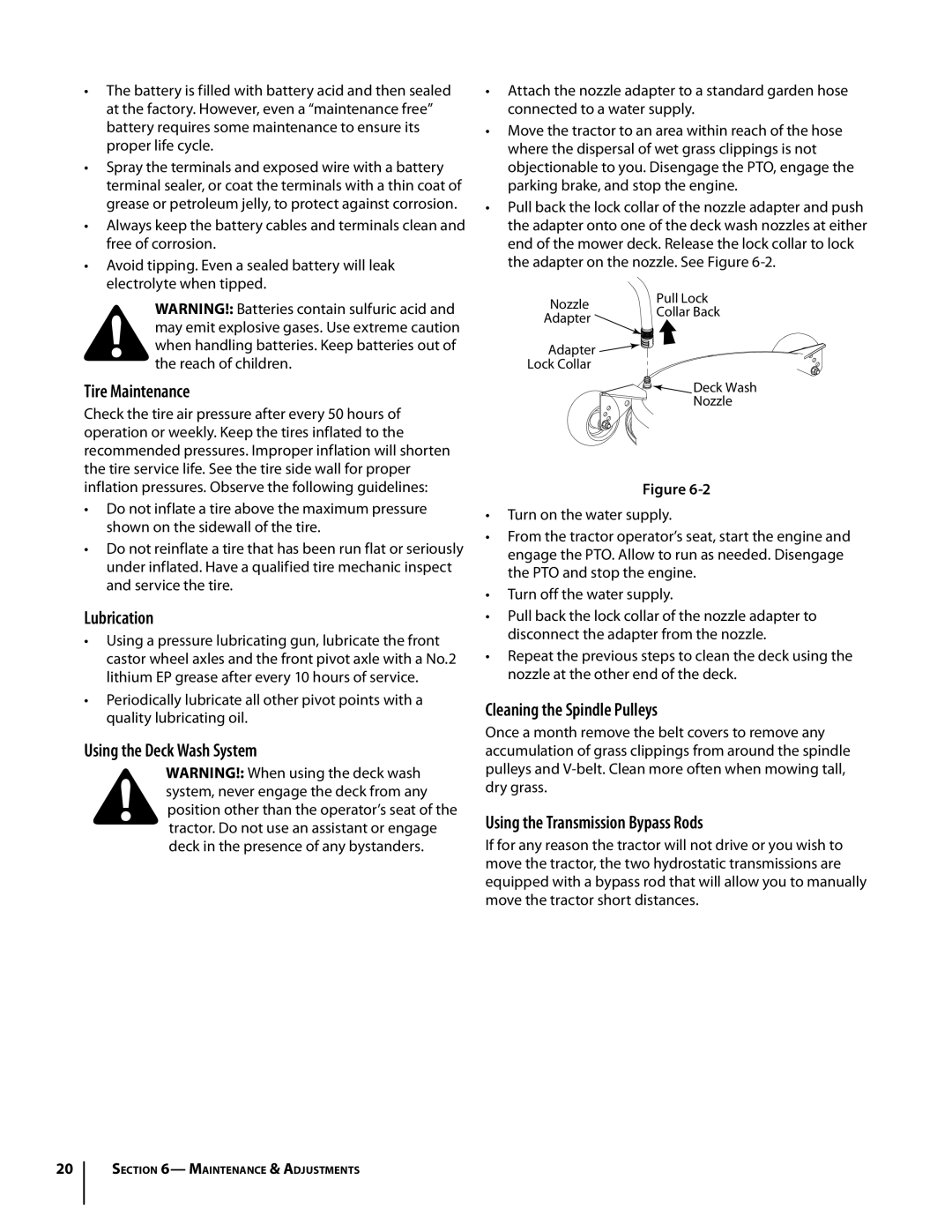 Troy-Bilt RZT manual Tire Maintenance, Lubrication, Using the Deck Wash System, Cleaning the Spindle Pulleys 