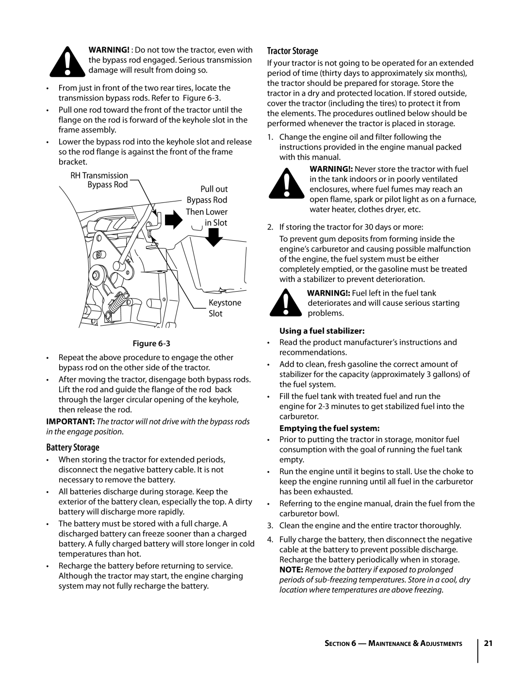 Troy-Bilt RZT manual Battery Storage, Tractor Storage, Using a fuel stabilizer, Emptying the fuel system 