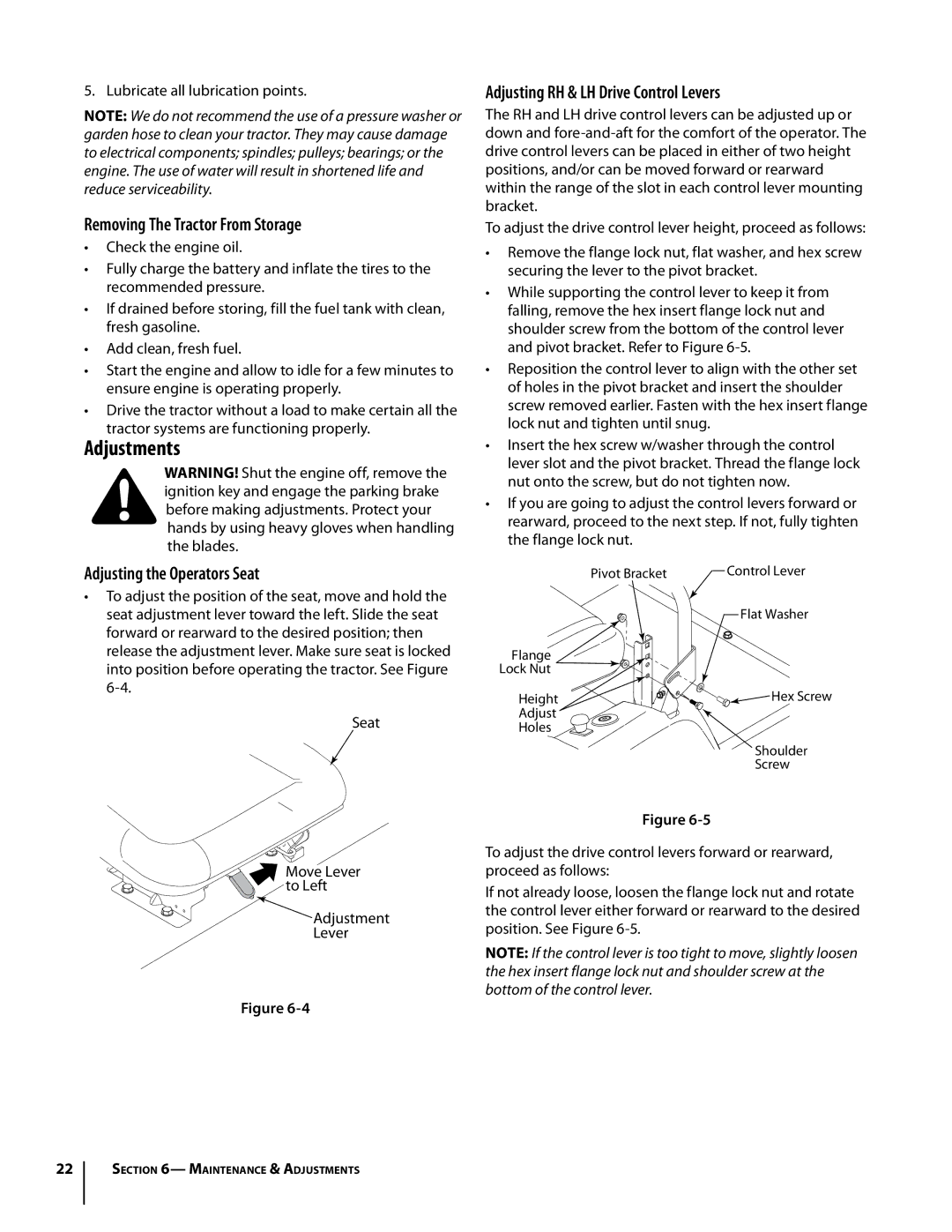 Troy-Bilt RZT manual Adjustments, Removing The Tractor From Storage, Adjusting RH & LH Drive Control Levers 