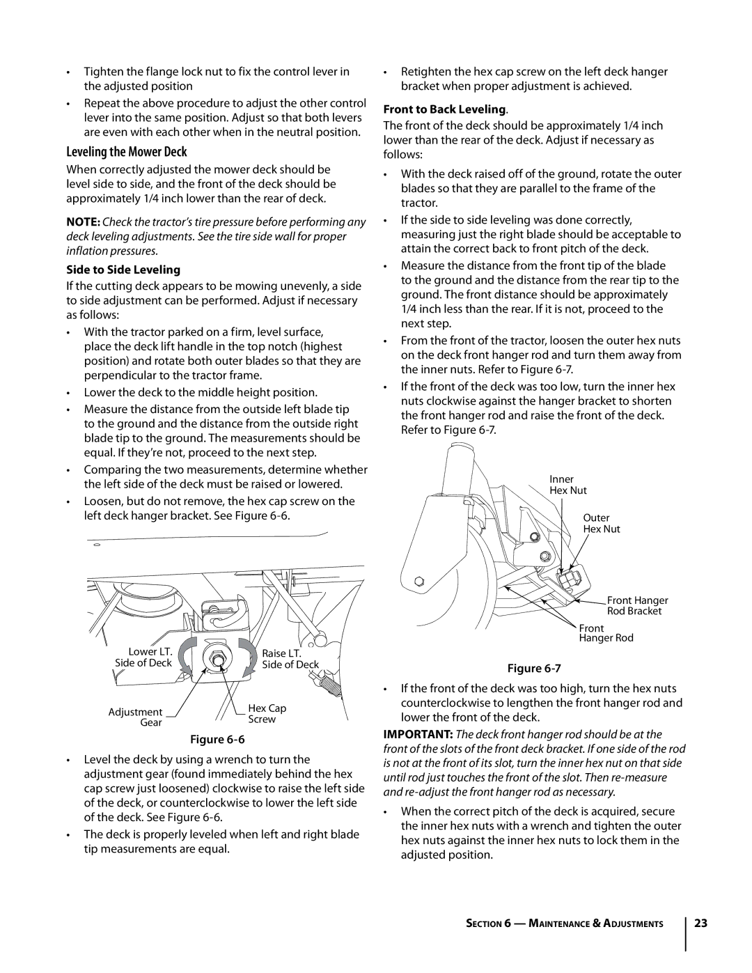 Troy-Bilt RZT manual Leveling the Mower Deck, Side to Side Leveling, Front to Back Leveling, Refer to Figure 