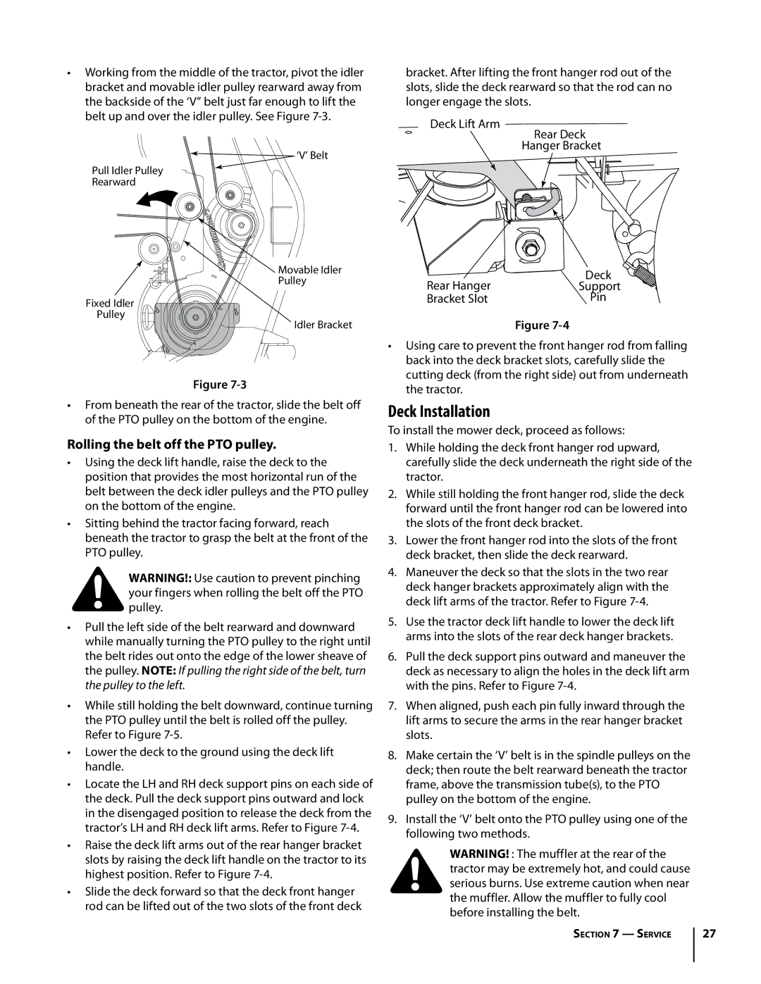 Troy-Bilt RZT manual Deck Installation, Rolling the belt off the PTO pulley, Support, Bracket Slot 