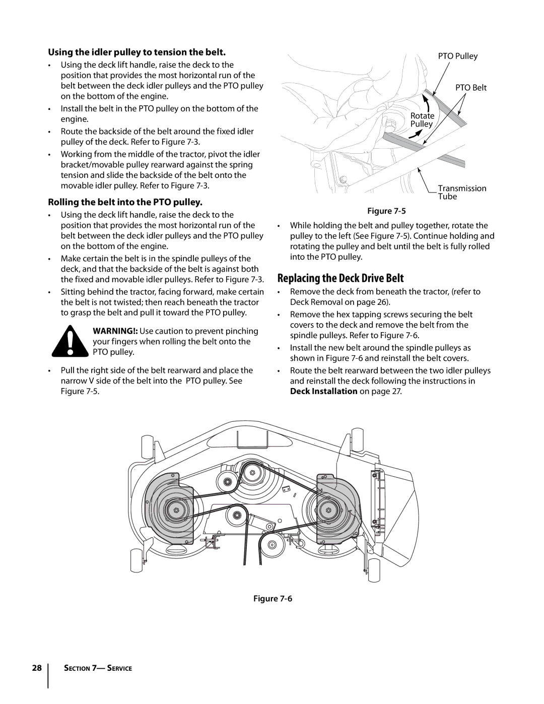 Troy-Bilt RZT manual Replacing the Deck Drive Belt, Using the idler pulley to tension the belt 