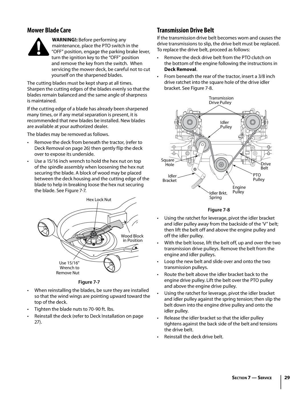 Troy-Bilt RZT manual Mower Blade Care, Transmission Drive Belt, Blades may be removed as follows 