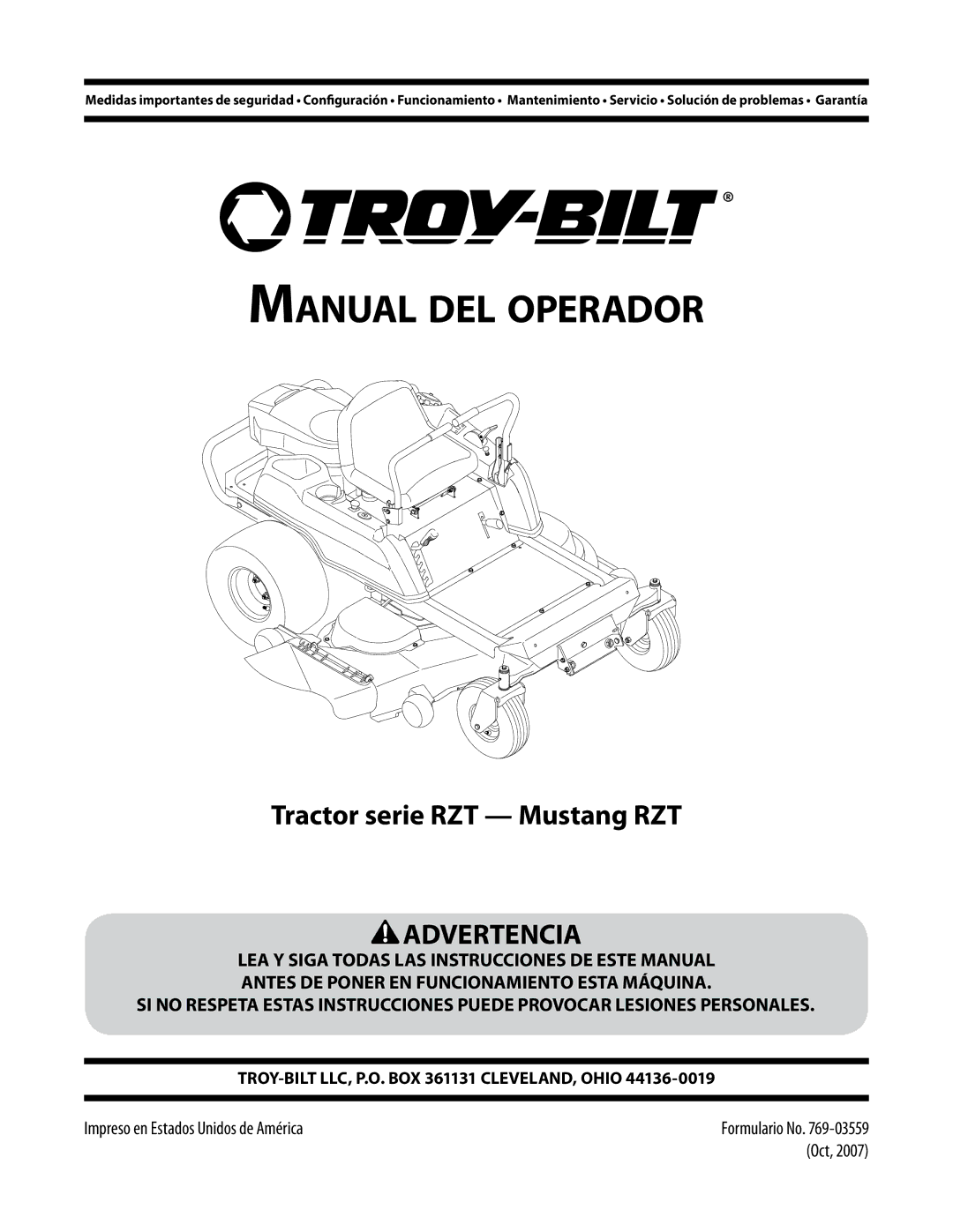 Troy-Bilt RZT manual Manual del operador 