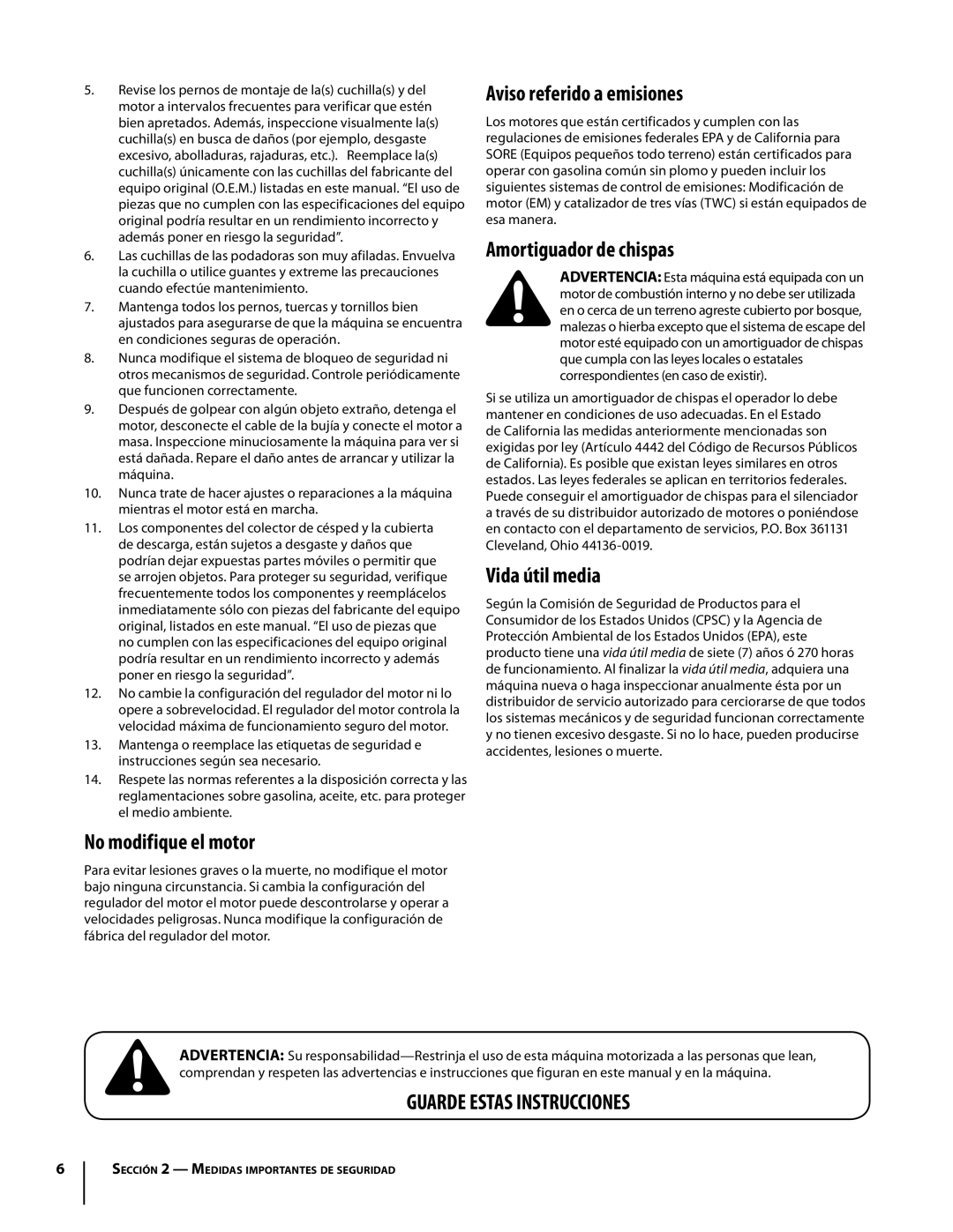 Troy-Bilt RZT manual No modifique el motor, Aviso referido a emisiones, Amortiguador de chispas, Vida útil media 