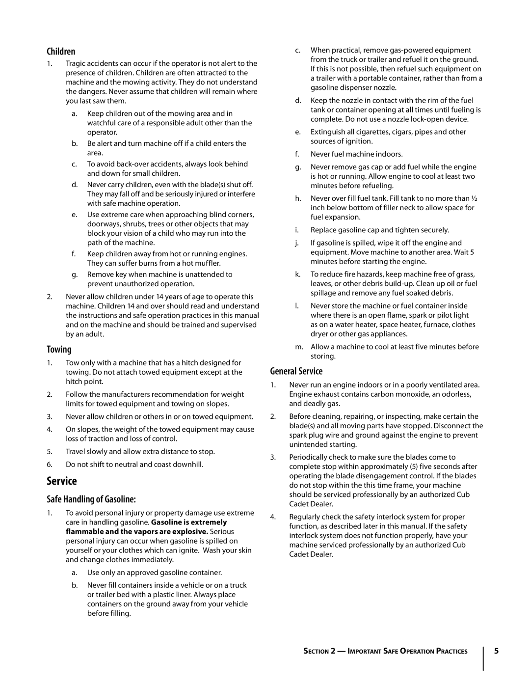 Troy-Bilt RZT manual Children, Towing, Safe Handling of Gasoline, General Service 