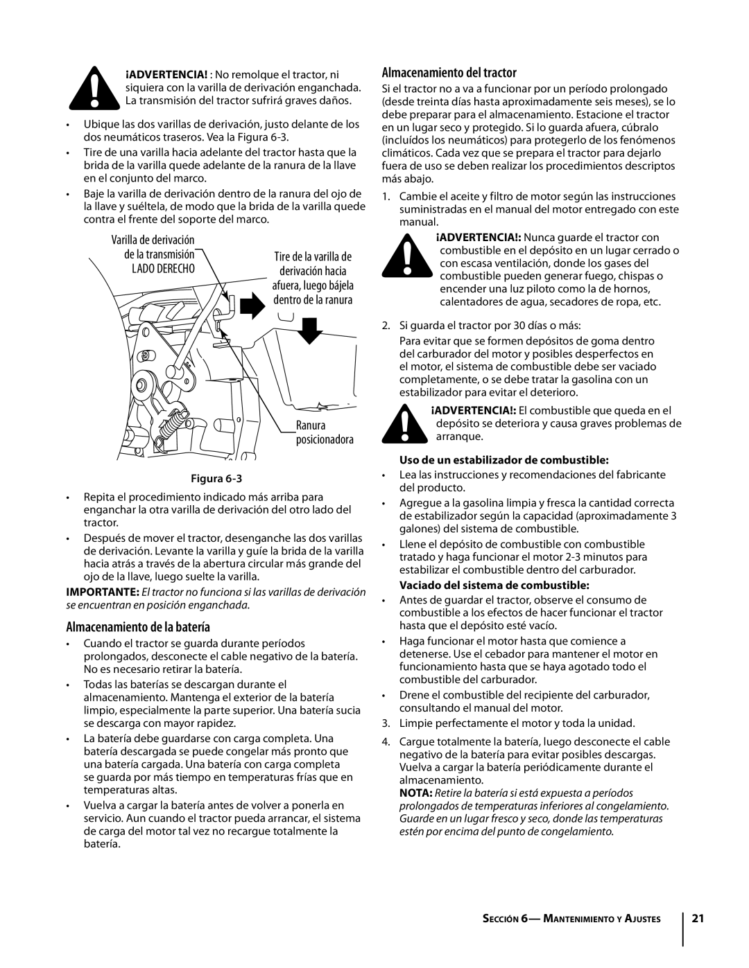 Troy-Bilt RZT manual Almacenamiento de la batería, Almacenamiento del tractor, Si guarda el tractor por 30 días o más 