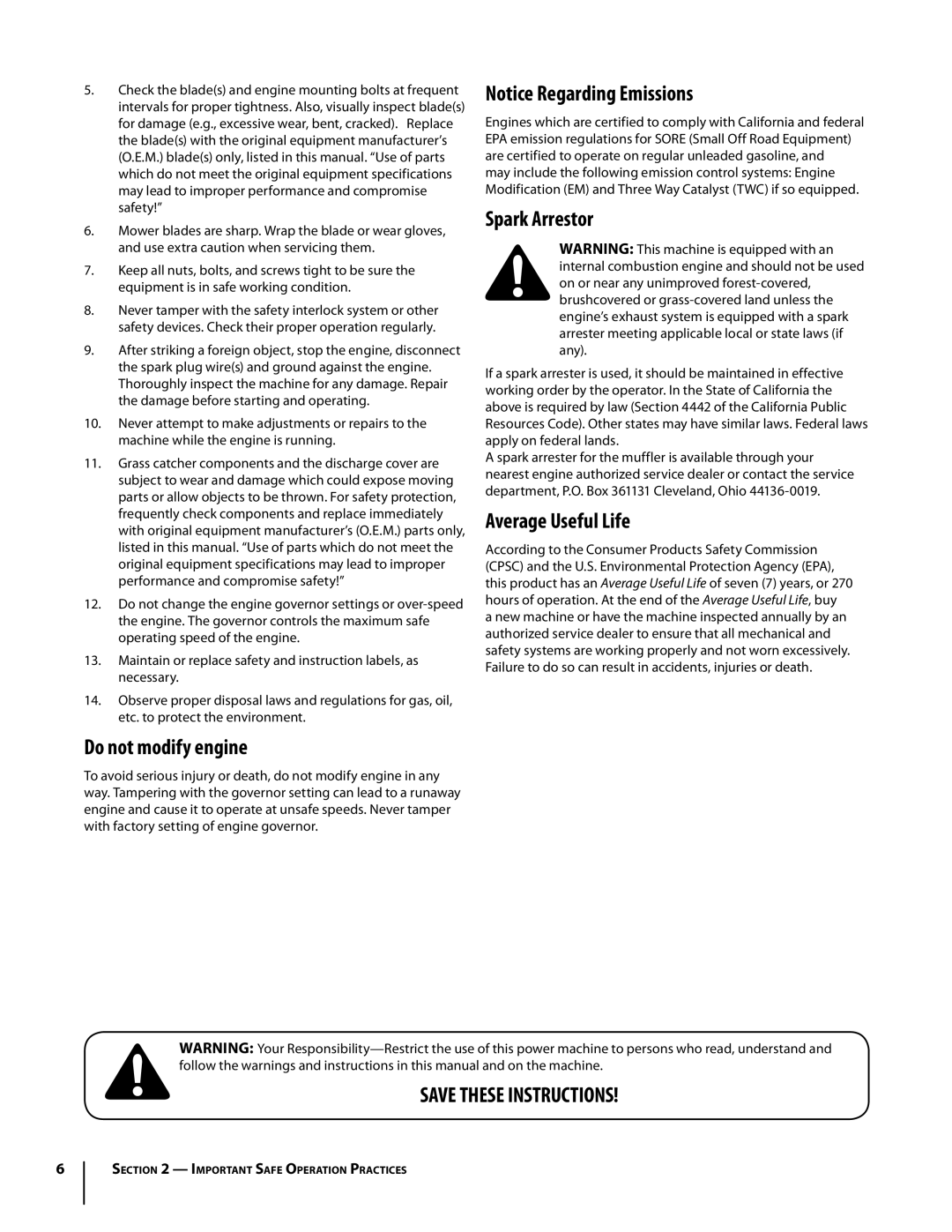 Troy-Bilt RZT manual Do not modify engine, Spark Arrestor, Average Useful Life 