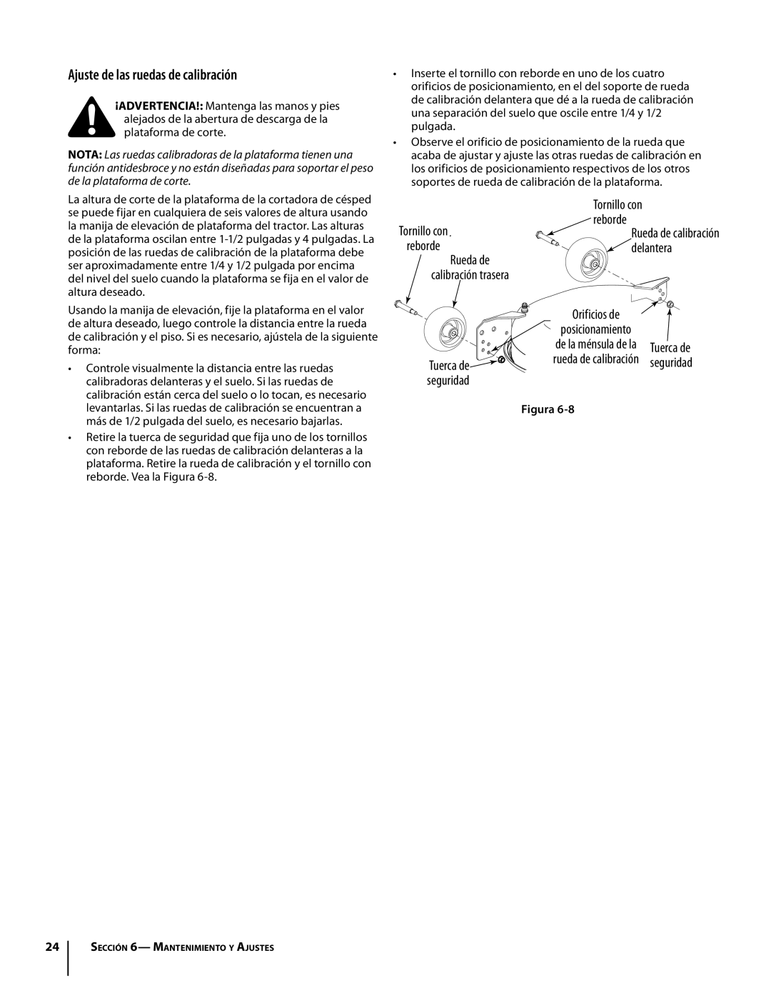 Troy-Bilt RZT manual Ajuste de las ruedas de calibración, Reborde, Tuer ca de, Tuerca de Seguridad 