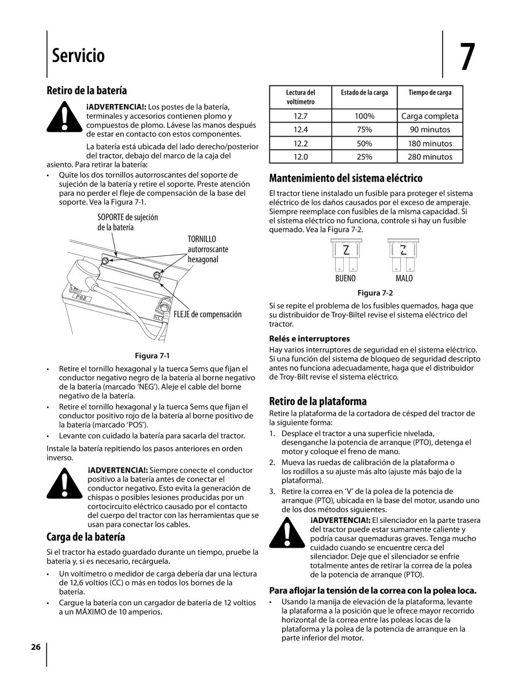 Troy-Bilt RZT manual Servicio, Retiro de la batería, Mantenimiento del sistema eléctrico, Carga de la batería 