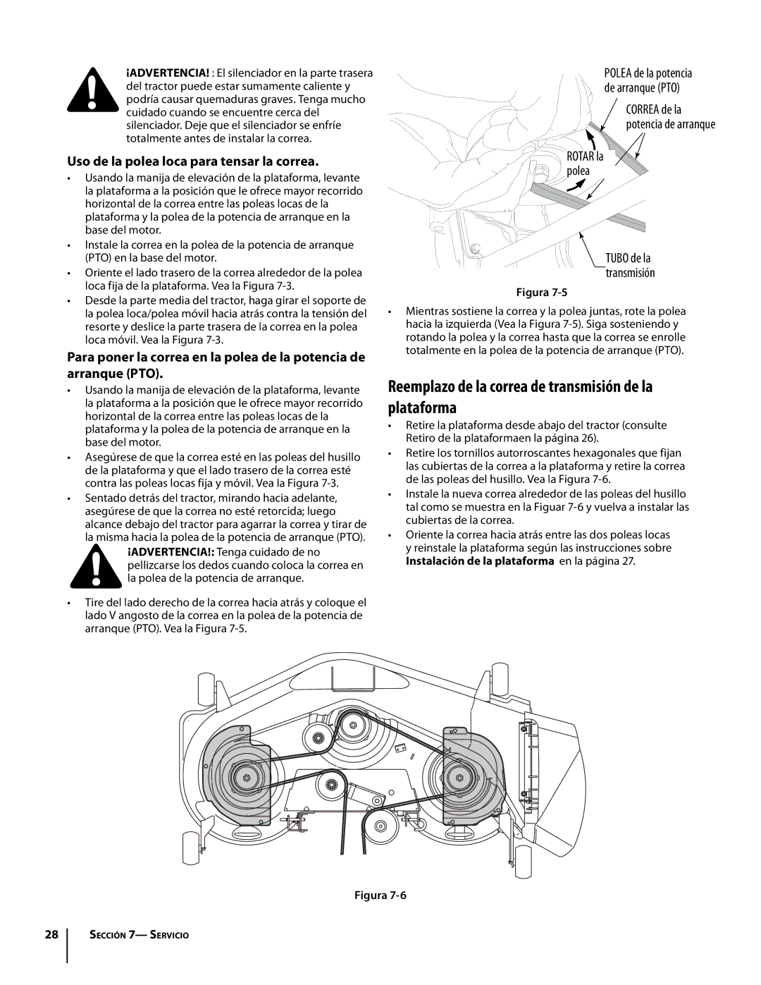 Troy-Bilt RZT manual Reemplazo de la correa de transmisión de la plataforma, Uso de la polea loca para tensar la correa 