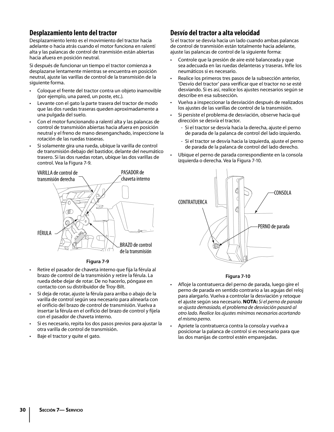 Troy-Bilt RZT manual Desplazamiento lento del tractor, Desvío del tractor a alta velocidad, Contratuerca 