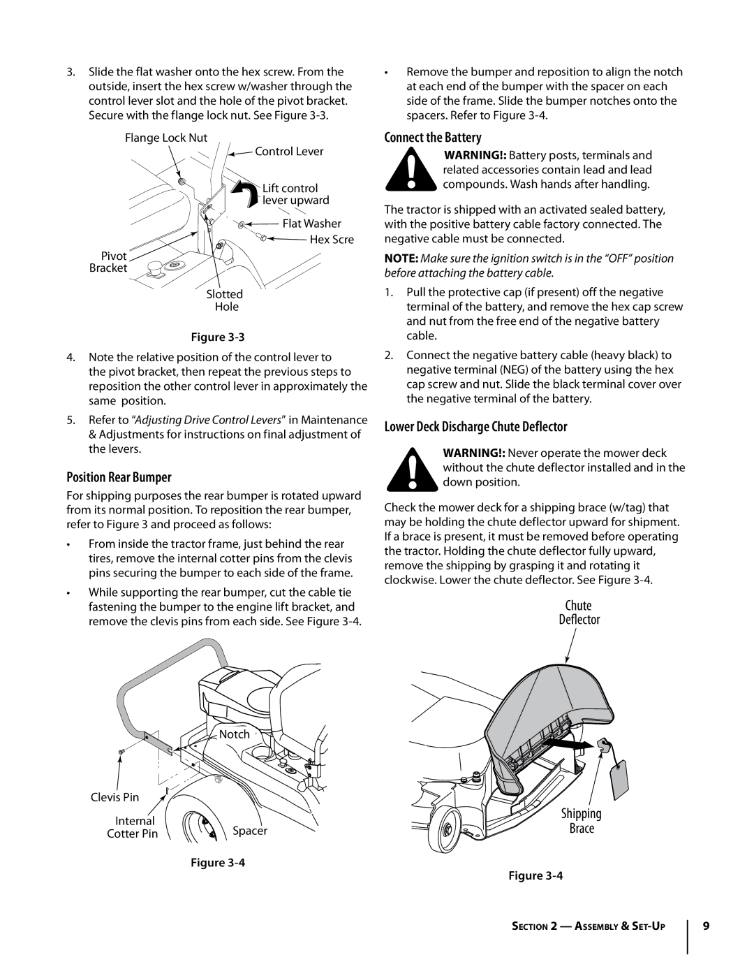 Troy-Bilt RZT manual Position Rear Bumper, Connect the Battery, Lower Deck Discharge Chute Deflector 