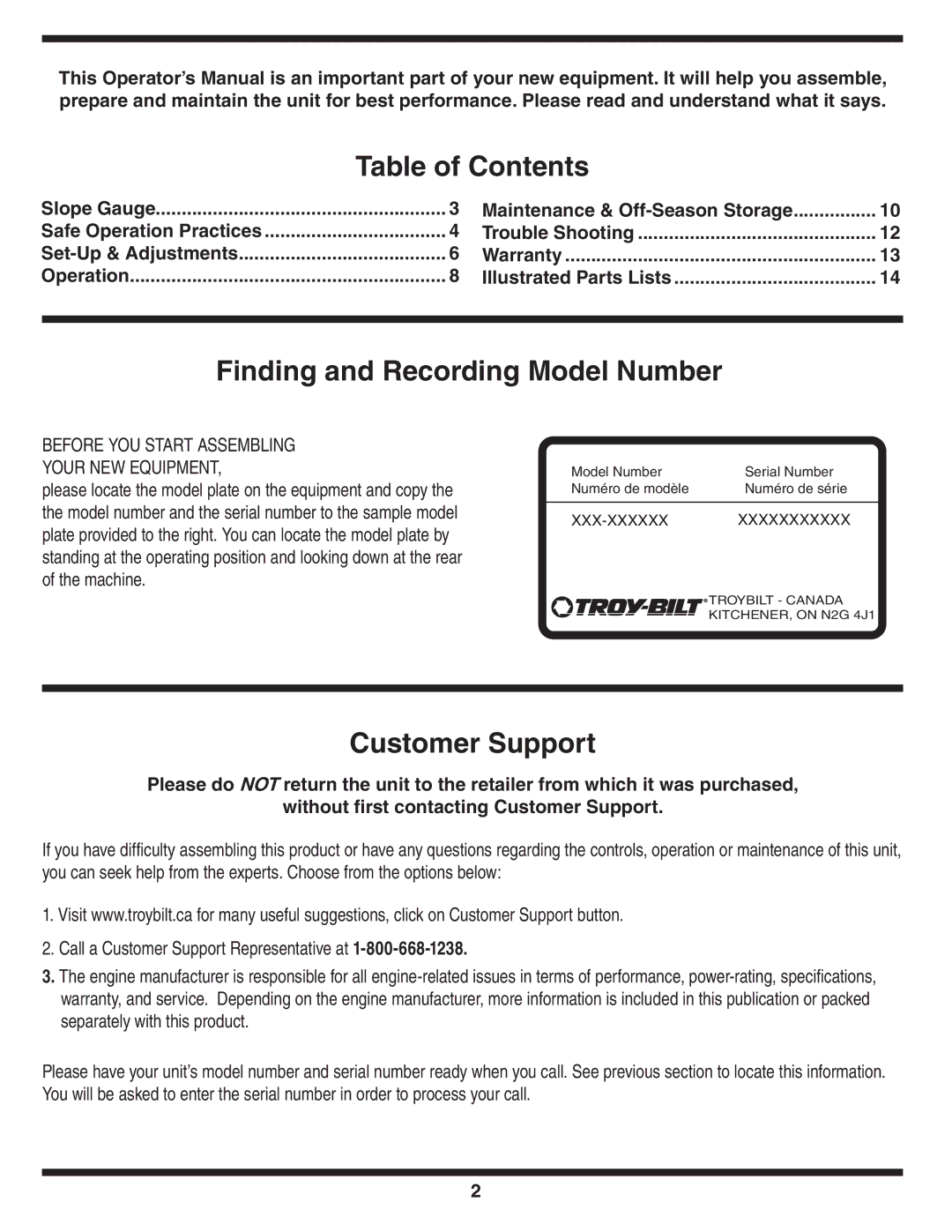 Troy-Bilt Series 100 warranty Table of Contents, Finding and Recording Model Number, Customer Support 