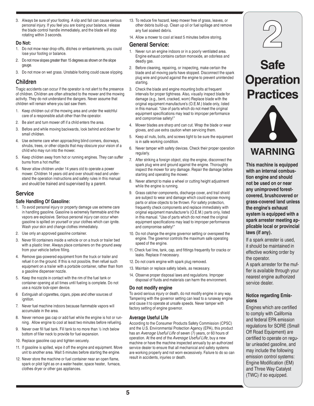 Troy-Bilt Series 100 warranty Safe Operation Practices, Children, General Service 