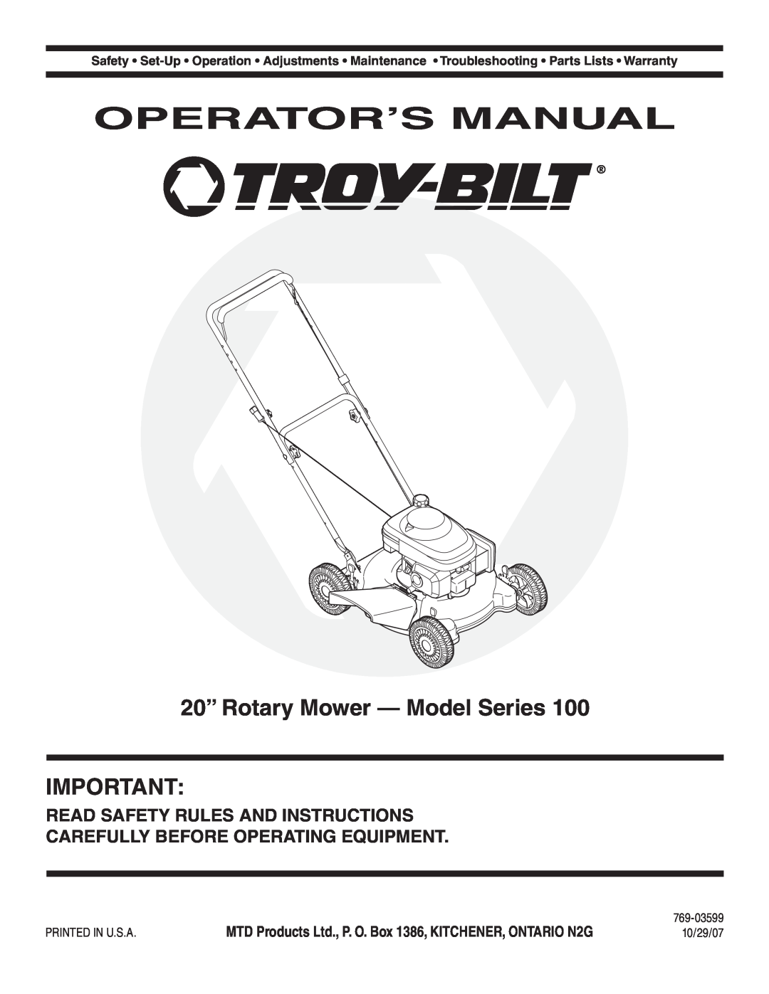 Troy-Bilt Series 100 warranty Operator’S Manual, 20” Rotary Mower - Model Series, Read Safety Rules And Instructions 