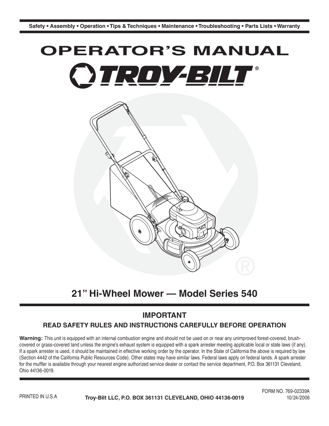 Troy-Bilt Series 540 manual OPERATOR’S Manual, Hi-Wheel Mower Model Series 