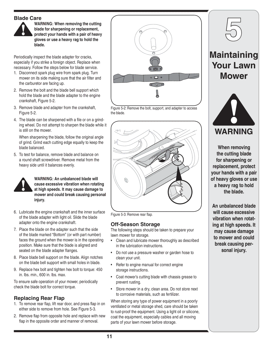 Troy-Bilt Series 540 manual Blade Care, Replacing Rear Flap, Off-Season Storage, Sonal injury 