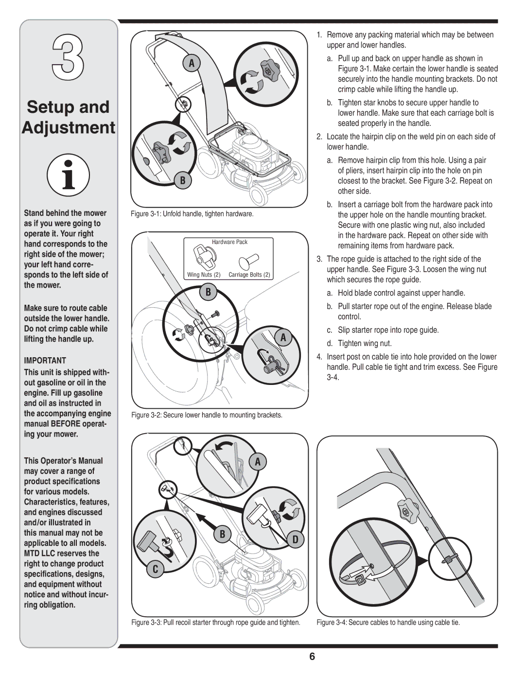 Troy-Bilt Series 540 manual Setup Adjustment 