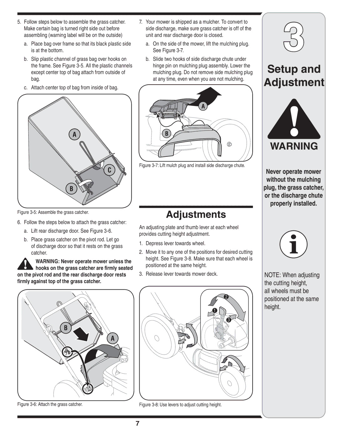 Troy-Bilt Series 540 manual Adjustments, Depress lever towards wheel, Release lever towards mower deck 