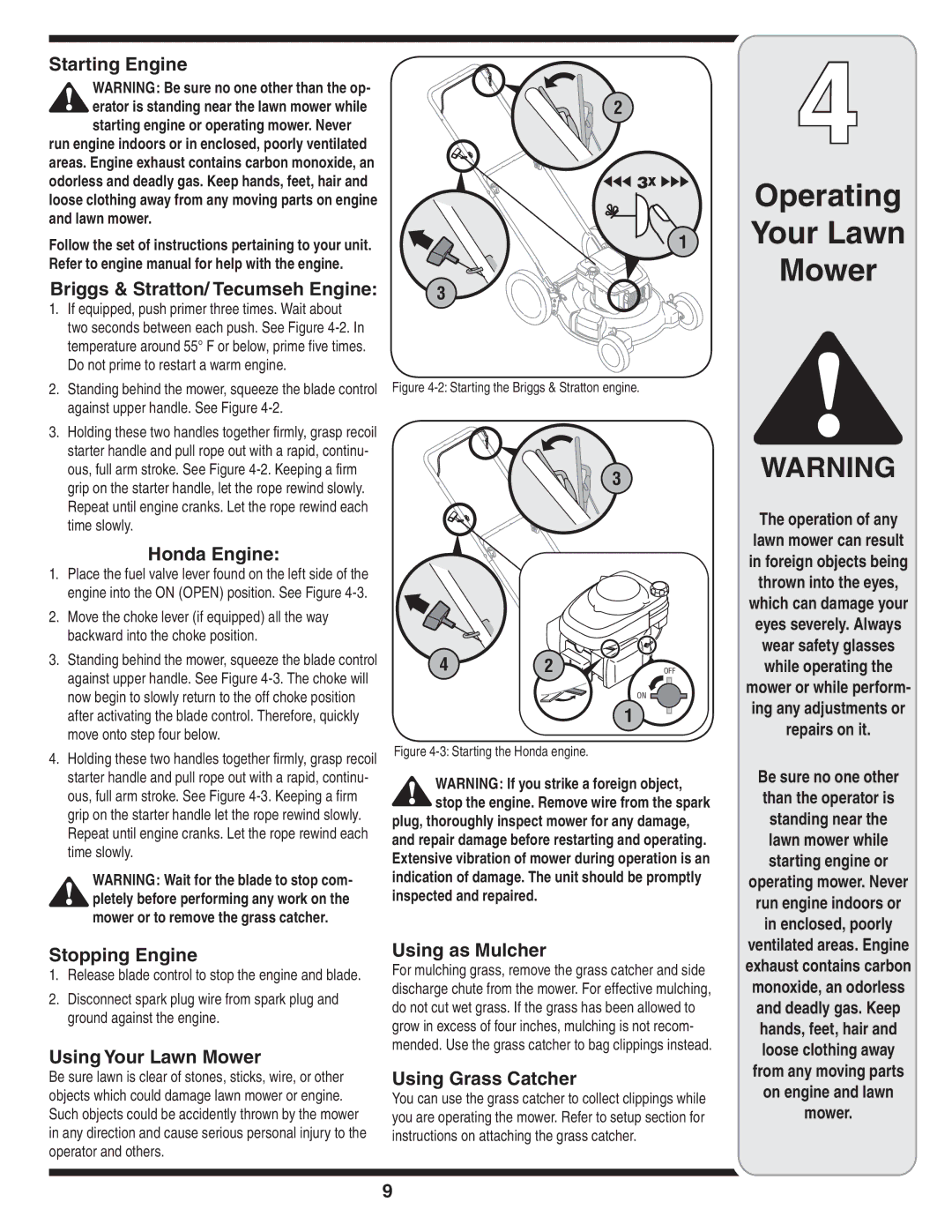 Troy-Bilt Series 540 Starting Engine, Briggs & Stratton/ Tecumseh Engine, Honda Engine, Stopping Engine, Using as Mulcher 