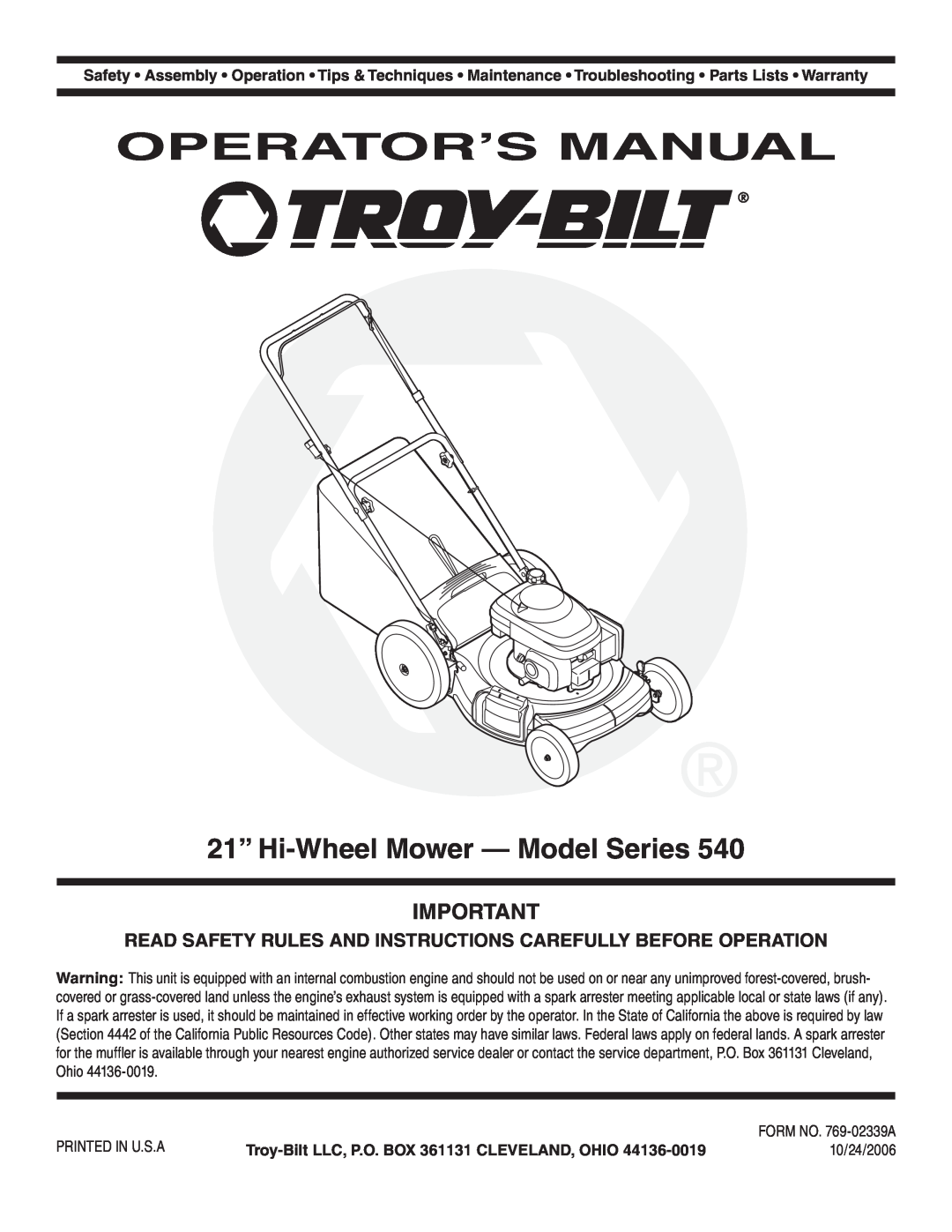 Troy-Bilt Series 540 manual Operator’S Manual, 21” Hi-Wheel Mower - Model Series, 10/24/2006 