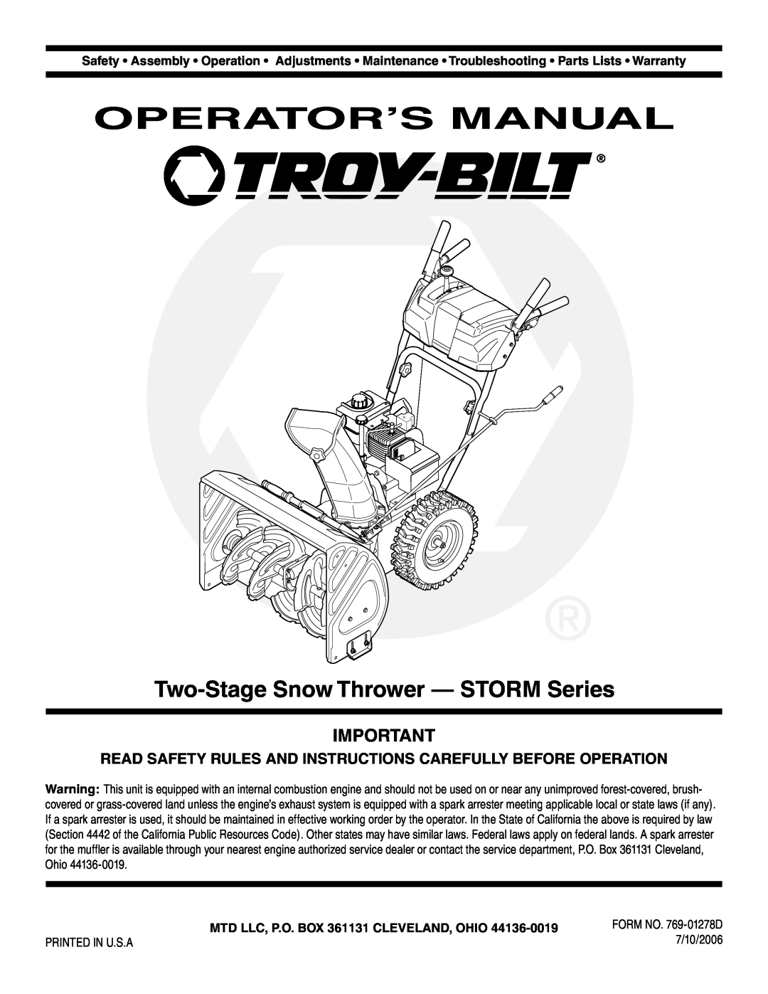 Troy-Bilt warranty Operator’S Manual, Two-Stage Snow Thrower - STORM Series, MTD LLC, P.O. BOX 361131 CLEVELAND, OHIO 