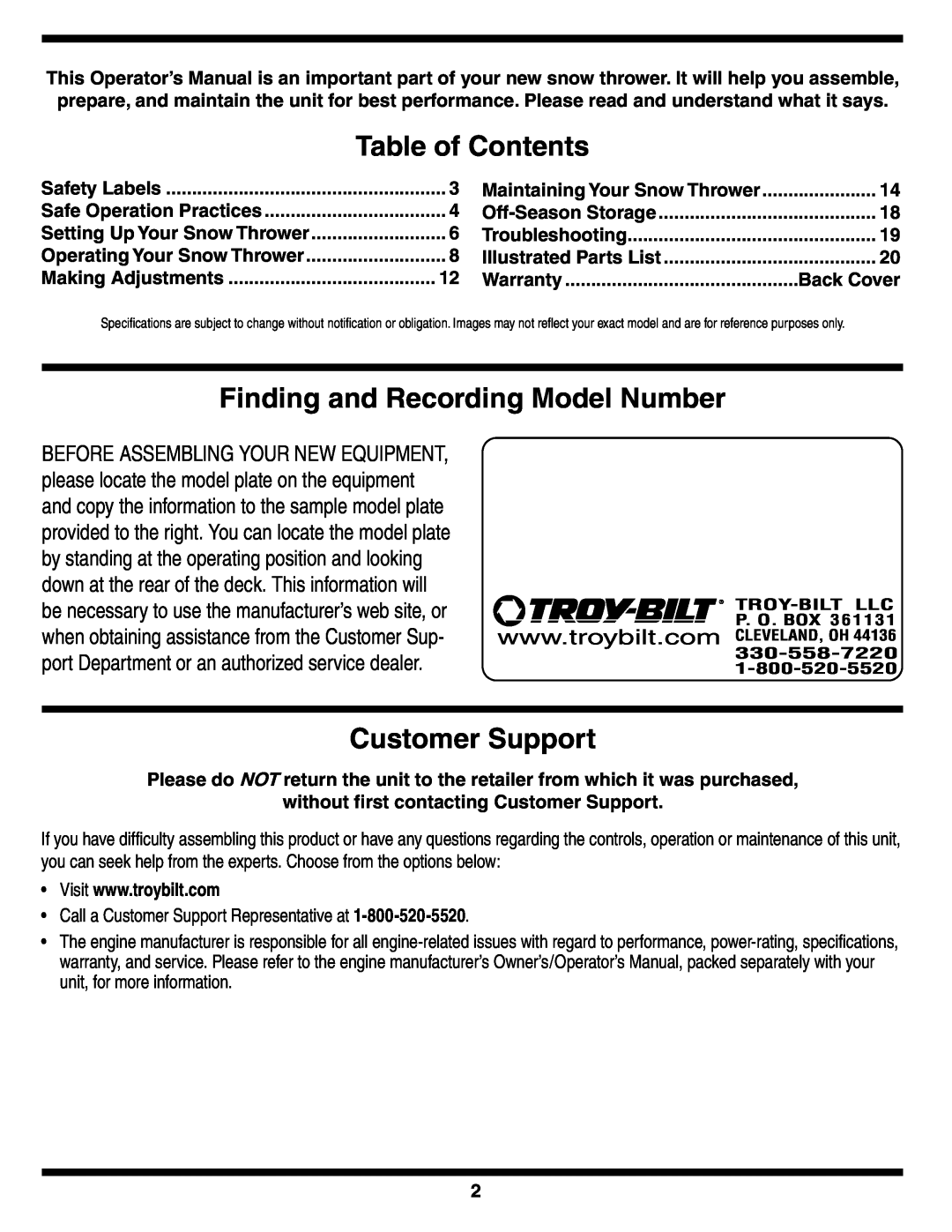 Troy-Bilt STORM Series warranty Table of Contents, Finding and Recording Model Number, Customer Support 